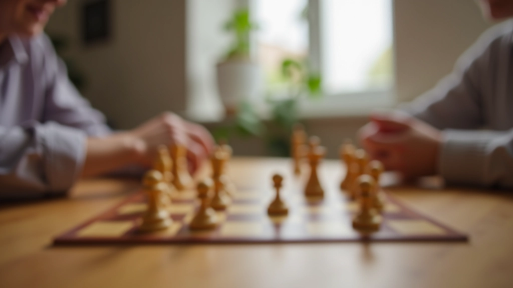 Person playing chess against opponent, concentrating on board, relaxed living room setting