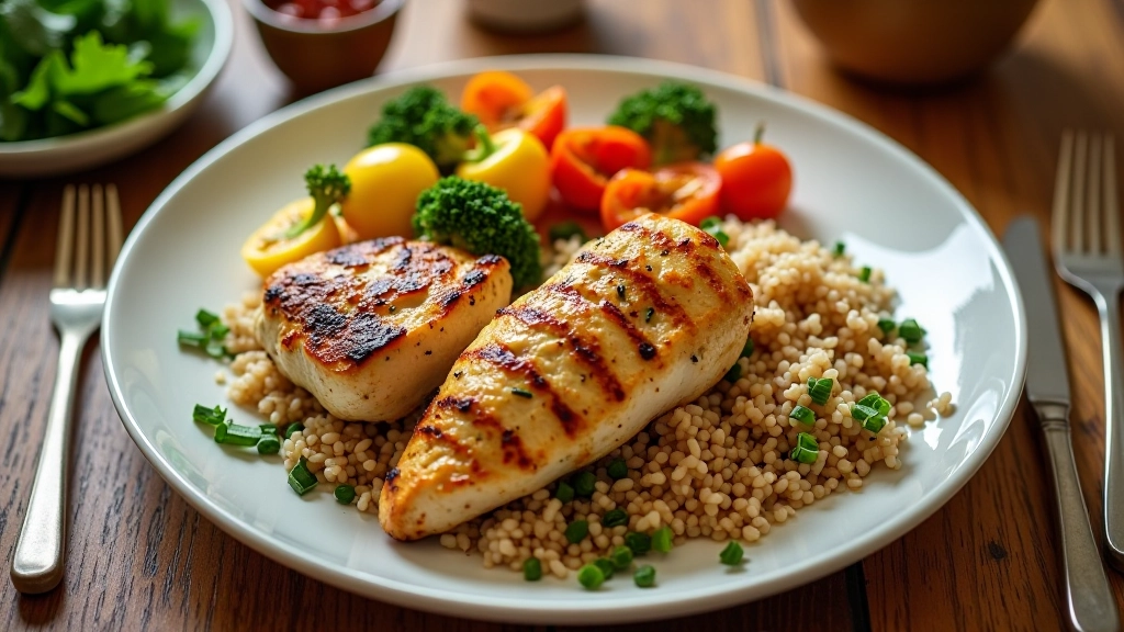 Colorful balanced plate with vegetables, protein, and grains showing healthy meal composition