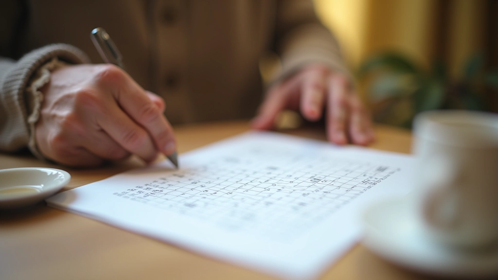 Close-up of completed crossword puzzle with pen and cup of tea on wooden desk