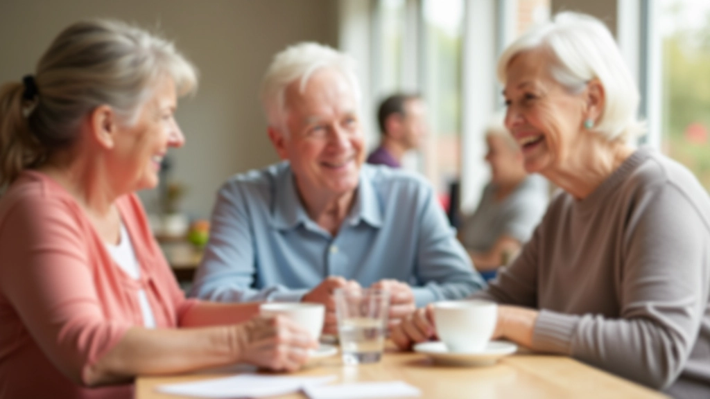 Diverse group of caregivers aged 40-65 having coffee together in bright community centre, looking relaxed and connected