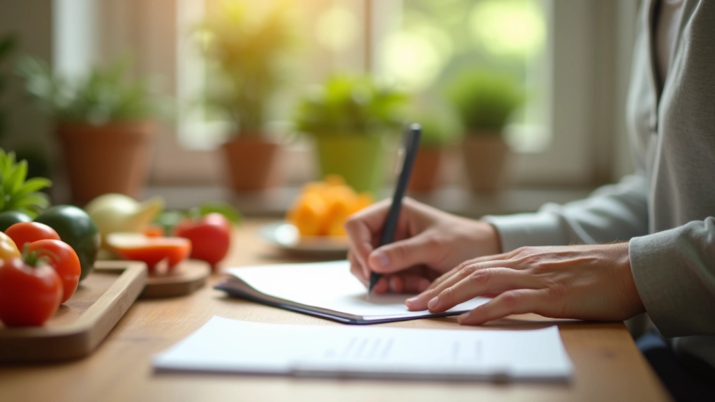 Hand writing nutrition goals and meal planning notes in a journal with fresh ingredients nearby