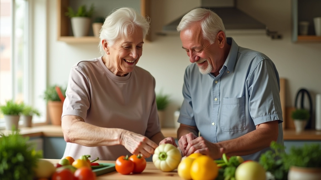 Older couple preparing fresh vegetables together in bright kitchen