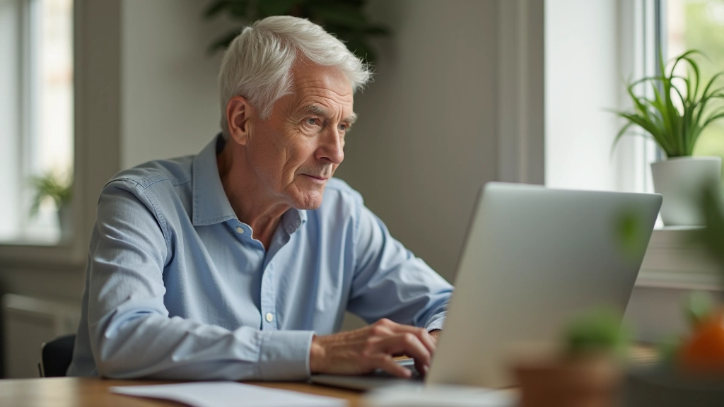 Person aged 50 looking at laptop screen in home office, searching for caregiver resources online, natural daylight coming through window