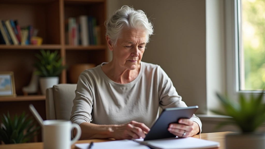 Mature adult taking online learning class on tablet with notebook and pen, sitting comfortably at home