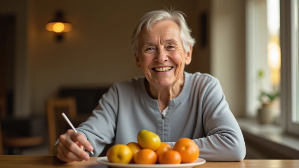 Smiling older adult enjoying a nutritious meal at home, looking satisfied and healthy