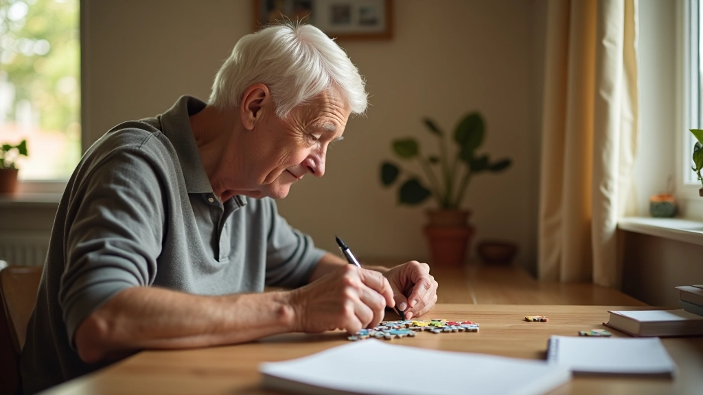 Person engaged in puzzle activity at table with books and learning materials nearby