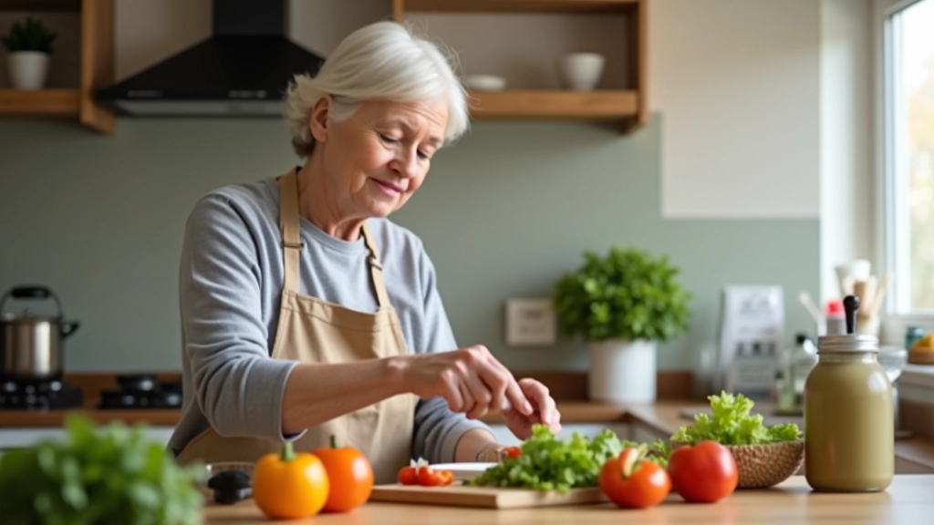 Older adult preparing a healthy meal in a bright, modern kitchen