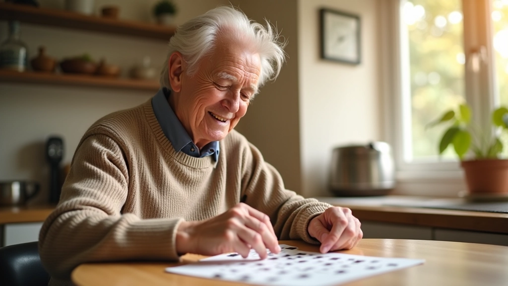 Older adult smiling while working on crossword puzzle at kitchen table with morning light