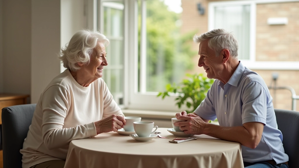 Two adults in conversation, showing supportive caregiver interaction in comfortable home setting