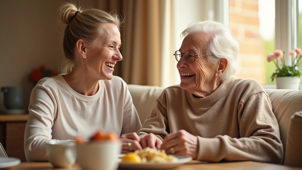 Caregiver and elderly person having a warm conversation