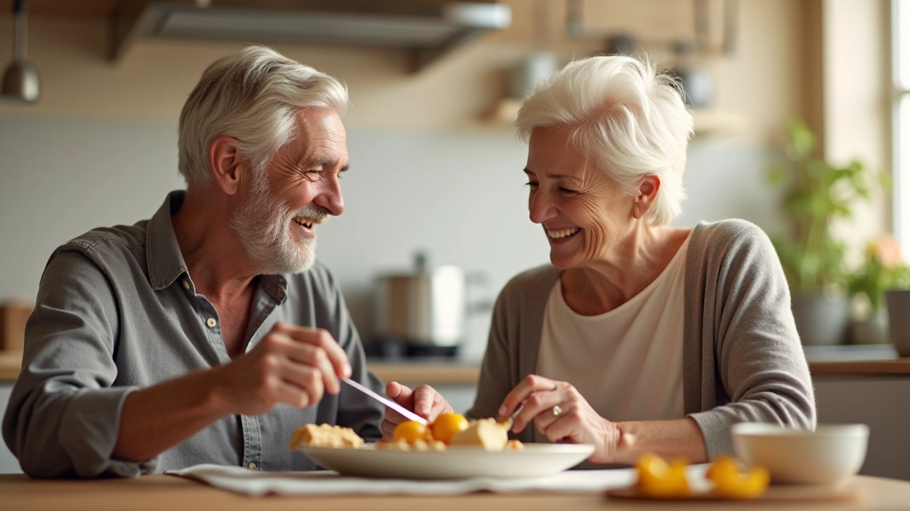 Family members preparing and sharing meals together with elderly relative