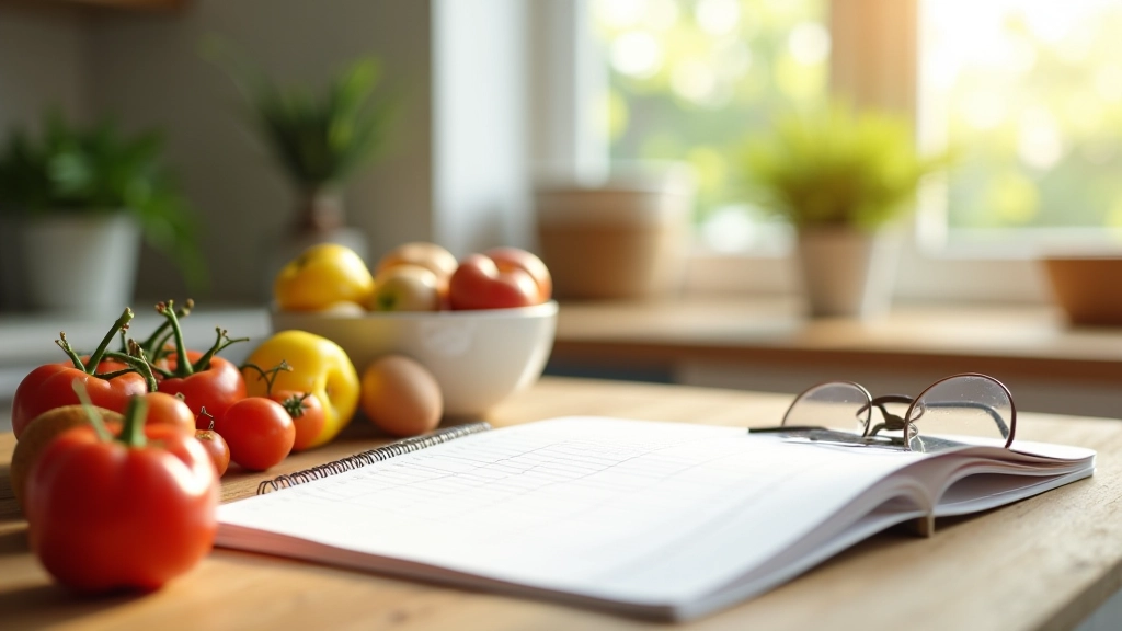 Weekly meal planning calendar displayed on a kitchen counter with colorful sticky notes